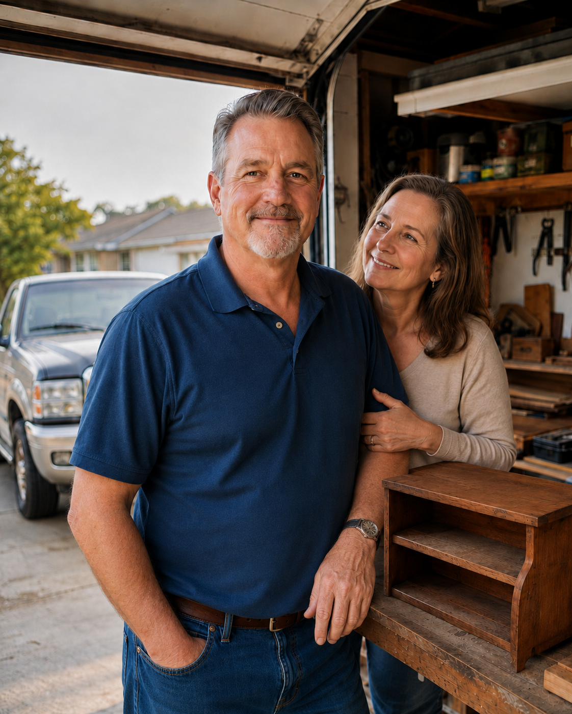 Robert and his wife standing together in their home woodworking garage